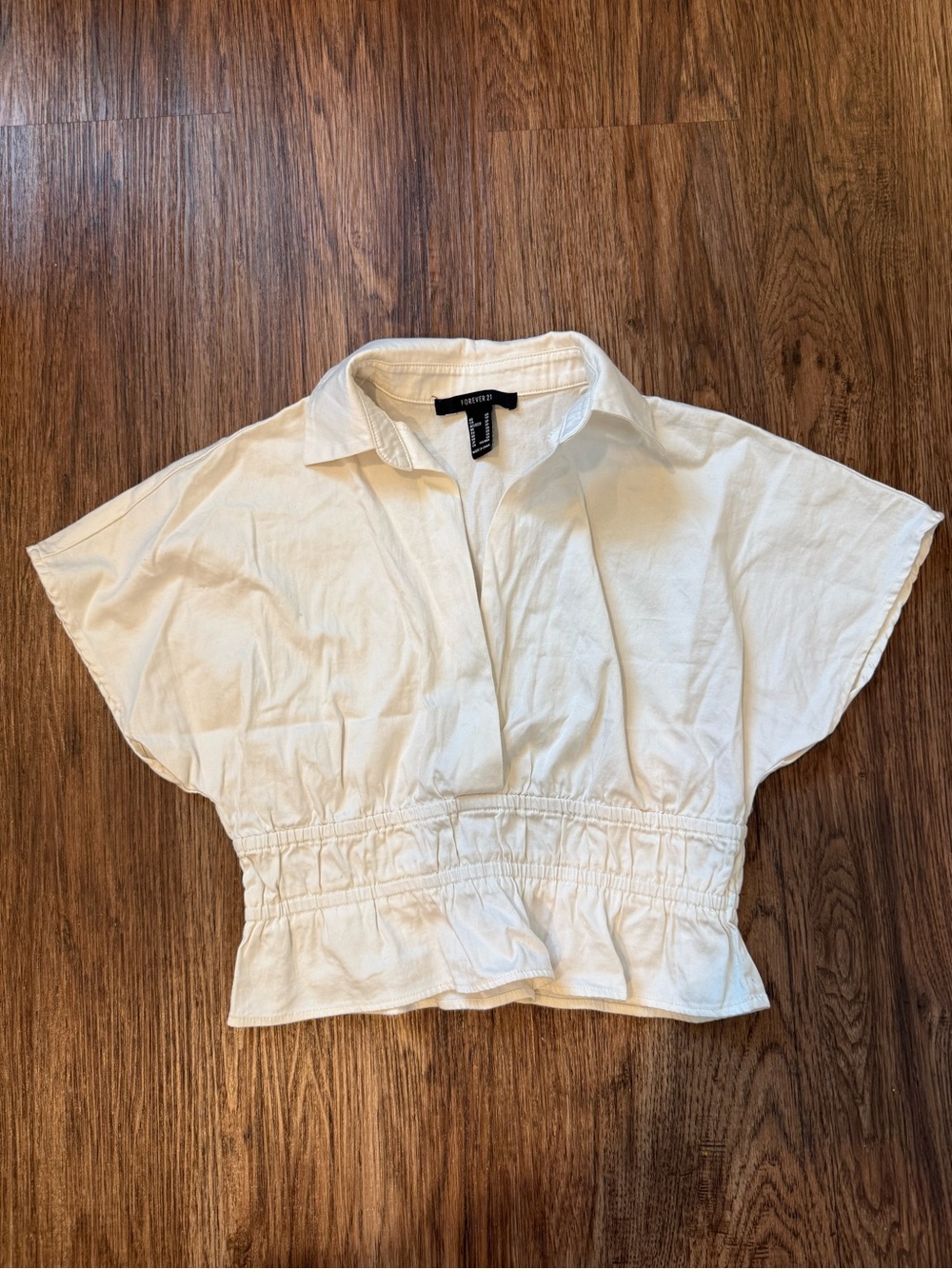 White Cropped Collared Waist-Detail Top